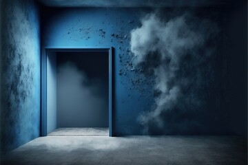 Fototapeta na wymiar Empty dark blue abstract cement wall and studio room with smoke float up the interior texture for display products wall background