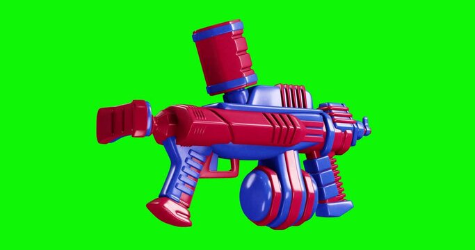 For the Songkran holiday, blue and pink plastic water pistols are shown in 3D rendering animation looping on a green screen.