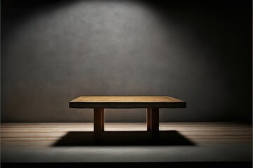 Empty wooden table on cement wall dark background,perspective wooden floor shelf table,used as a studio background wall to display your products
