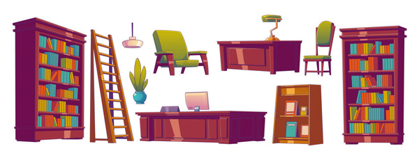 Set of isolated furniture for library room interior. Bookshelf, desk, armchair and home office object cartoon illustration. Bookstore elements with wooden shelves, ladder, plant and work table.