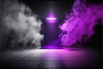 The dark stage shows, purple background, an empty dark scene, neon light, spotlights The asphalt floor and studio room with smoke float up the interior texture for display products. illustration