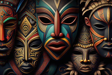 Tribal African Mask Illustration, Traditional, Historic, Intricate, Cultural, Exotic, Elegant,  - obrazy, fototapety, plakaty