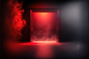 The dark stage shows, red background, an empty dark scene, neon light, spotlights The asphalt floor and studio room with smoke float up the interior texture for display products