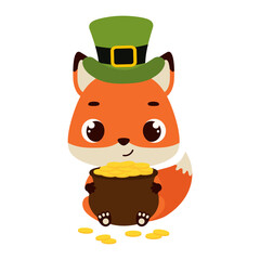 Cute fox in green leprechaun hat holds bowler with gold coins. Irish holiday folklore theme. Cartoon design for cards, decor, shirt, invitation. Vector stock illustration
