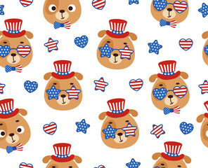 Cute little dog head in USA patriotic hat seamless childish pattern. Funny cartoon animal character for fabric, wrapping, textile, wallpaper, apparel. Vector illustration