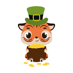 Cute tiger in green leprechaun hat holds bowler with gold coins. Irish holiday folklore theme. Cartoon design for cards, decor, shirt, invitation. Vector stock illustration