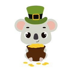 Cute koala in green leprechaun hat holds bowler with gold coins. Irish holiday folklore theme. Cartoon design for cards, decor, shirt, invitation. Vector stock illustration