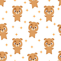 Cute little dog seamless childish pattern. Funny cartoon animal character for fabric, wrapping, textile, wallpaper, apparel. Vector illustration