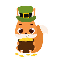 Cute squirrel in green leprechaun hat holds bowler with gold coins. Irish holiday folklore theme. Cartoon design for cards, decor, shirt, invitation. Vector stock illustration