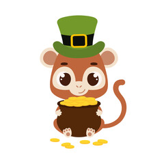 Cute monkey in green leprechaun hat holds bowler with gold coins. Irish holiday folklore theme. Cartoon design for cards, decor, shirt, invitation. Vector stock illustration