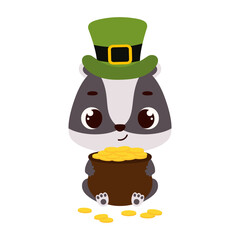 Cute badger in green leprechaun hat holds bowler with gold coins. Irish holiday folklore theme. Cartoon design for cards, decor, shirt, invitation. Vector stock illustration