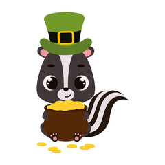 Cute skunk in green leprechaun hat holds bowler with gold coins. Irish holiday folklore theme. Cartoon design for cards, decor, shirt, invitation. Vector stock illustration