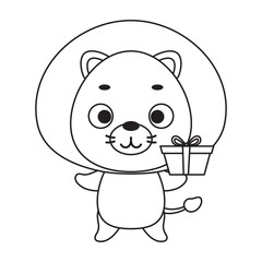 Coloring page cute little lion with gift box. Coloring book for kids. Edulionional activity for preschool years kids and toddlers with cute animal. Vector stock illustration