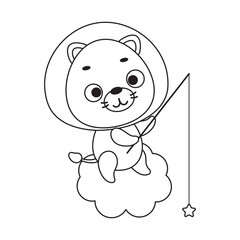 Coloring page cute little lion fishing star on cloud. Coloring book for kids. Edulionional activity for preschool years kids and toddlers with cute animal. Vector stock illustration
