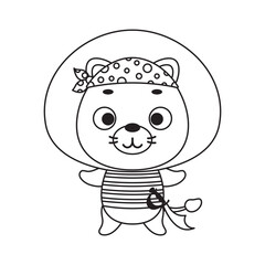 Coloring page cute little pirate lion. Coloring book for kids. Edulionional activity for preschool years kids and toddlers with cute animal. Vector stock illustration