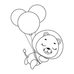 Coloring page cute little lion flying on balloons. Coloring book for kids. Edulionional activity for preschool years kids and toddlers with cute animal. Vector stock illustration