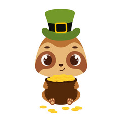 Cute sloth in green leprechaun hat holds bowler with gold coins. Irish holiday folklore theme. Cartoon design for cards, decor, shirt, invitation. Vector stock illustration
