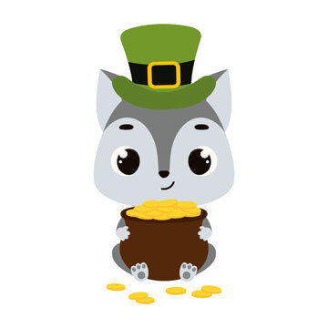 Cute wolf in green leprechaun hat holds bowler with gold coins. Irish holiday folklore theme. Cartoon design for cards, decor, shirt, invitation. Vector stock illustration