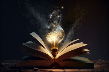 Dimming lightbulb with sparkles on a book Generative AI