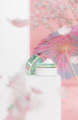 3d rendering A cream cosmetic mockup with a Japanese pink theme with cherry blossoms floating around the product.