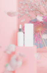 3d rendering A serum cosmetic mockup with a Japanese pink theme with cherry blossoms floating around the product.