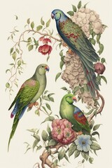 Indian Freehand Watercolor Painted Paradise: Exotic Birds on a branch and Floral Creepers