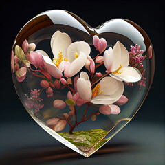 Glass heart filled with white and pink magnolia. Spring flowers in the 3d heart glass. Symbol of love for Happy Women's, Mother's, Valentine's Day, birthday greeting card design. Generative AI.