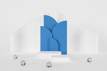 3d rendering  A white cylindrical podium is blue decorated with a geometric wall in the form of a showcase platform on a white background.