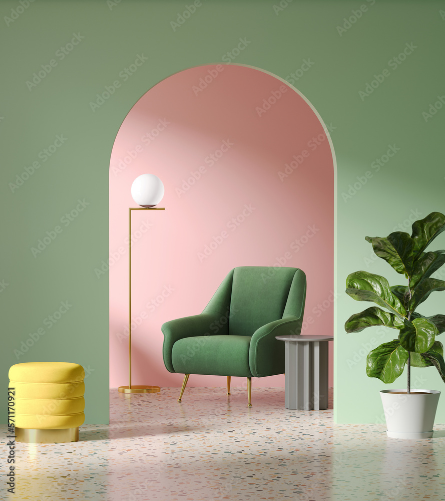 Wall mural 3d render of an 80s vibrant interior in memphis style with arched wall, green and pink colours, a fi