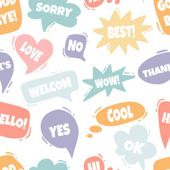 Multicolored set of speech bubbles. Various forms of windows, clouds for chat, messages with phrases. Vector seamless pattern on white background