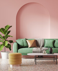 3d render of an 80s vibrant interior in Memphis style with arched wall, green and pink colours, a ficus lyrata and a terrazzo floor