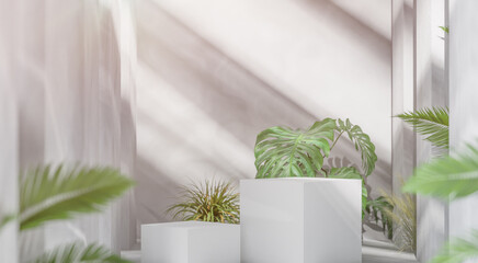 3d rendering A white cylindrical podium is adorned with a geometric wall in the style of a trade show platform and features plants on a Siemens background.