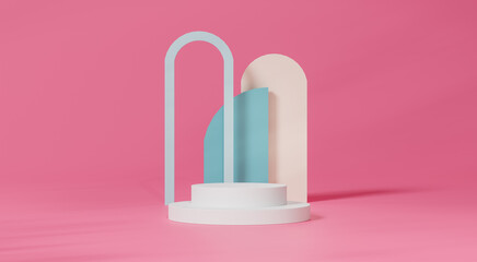 3d rendering  A white cylindrical podium is decorated with a geometric wall in the form of a showcase platform on a pink background.
