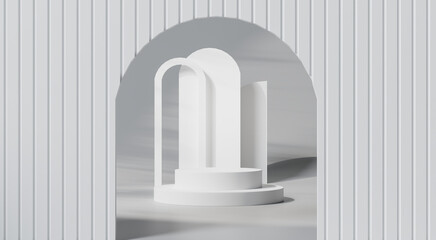 3d rendering  A white cylindrical podium is decorated with a geometric wall in the form of a showcase platform on a white background.