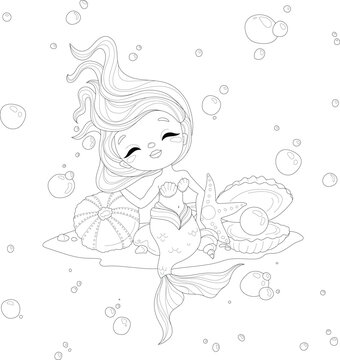 Cute cartoon mermaid girl under the sea with sea shells and bubbles sketch template. Graphic vector illustration in black and white for games. Children`s story book, fairytail, coloring paper, page. 