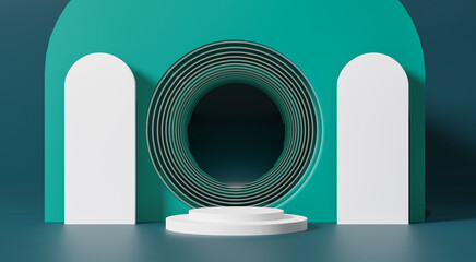 3d rendering A cylindrical podium rests in the middle of a green tunnel.Podium platform for product presentation, cosmetics. Pedestal mockup. Front view. Minimal concept.