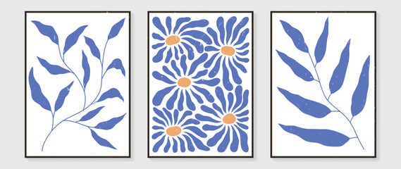 Set of abstract floral wall art vector. Leaves, watercolor texture, blue color, leaf branches in hand drawn style. Botanical wall decoration collection design for interior, poster, cover, banner.