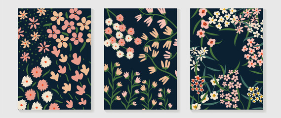 Set of abstract floral wall art vector. Spring flower garden, meadow, grass, different flowers in hand drawn style. Botanical wall decoration collection design for interior, poster, cover, banner.
