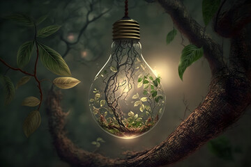 Growth and Development: A Lightbulb Sprouting from a Tree Branch - obrazy, fototapety, plakaty