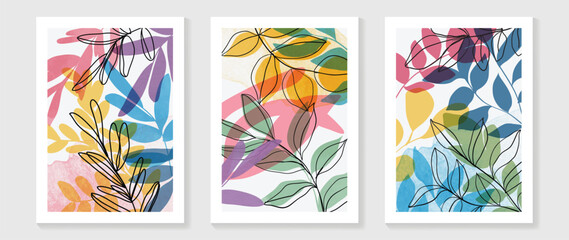 Set of abstract foliage  wall art vector. Leaves, line art, colorful, leaf branches, flower in hand drawn style. Botanical wall decoration collection design for interior, poster, cover, banner.