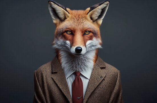 Portrait of a fox dressed in a formal business suit,  generative ai