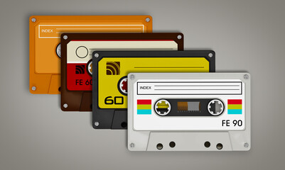 Audio cassettes isolated on gray background. 3D illustration
