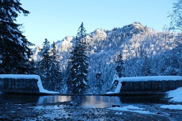 Pond in Kuznice in winter scenery. Snowy mountais in background. Zakopane, tatras, Tatra National...