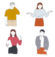 People think, make a choice, hold their head with their hand, express emotions. Gestures of men and women, students, manager. Vector graphics in linear style.