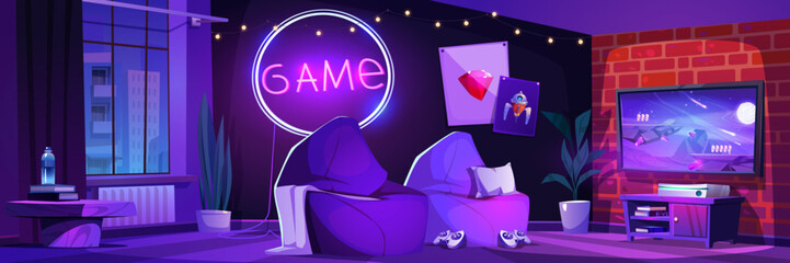 Gamer room interior at night. Vector cartoon illustration of dark teen bedroom with video game on tv screen, console joysticks, bean bag chairs, posters on wall, urban view in window, neon light
