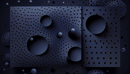 Modern black and dark navy blue abstract 3d background with dot sphere and circle hole. Generative AI.