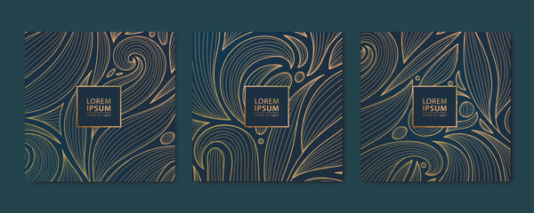 Vector set of abstract luxury golden square cards, post templates for social net, leaves botanical modern, art deco wallpaper background. Pattern, texture for print, fabric, packaging design