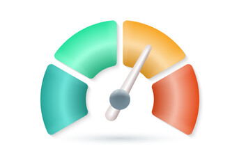 Speedometer 3d icon. Gauge meter, speed indicator signs. Credit score, risk scale design. Vector illustration.