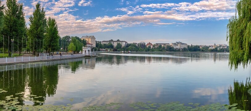 Summer morning on the embankment of Ternopil, Ukraine