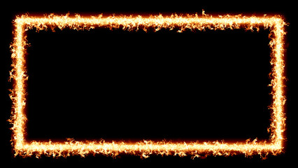 Burning square frame on black background. Rectangle line with fire effect.